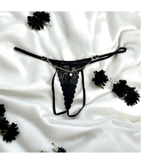 String noir en dentelle avec bijou et chaîne dorée - PM06G-BBLK